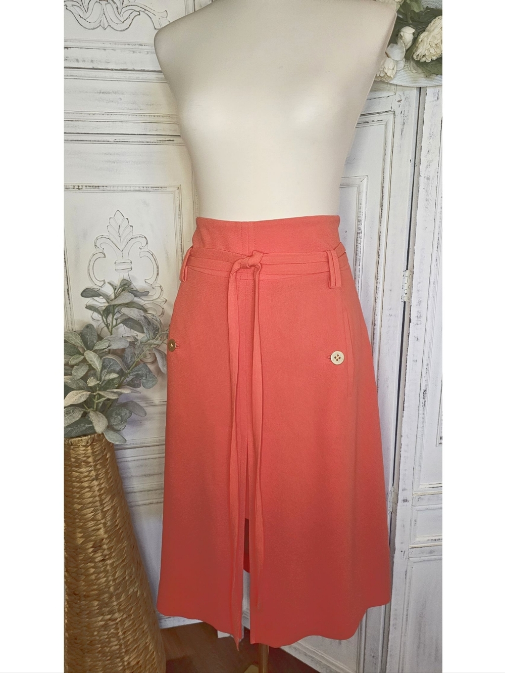 Leifsdottir Coral Orange Front Slit A-line Belted Midi Skirt